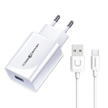 USAMS Wall charger 1x USB T22 18W 3A QC3.0 USB-C cable 1m white/white (T48) T48OCLN01