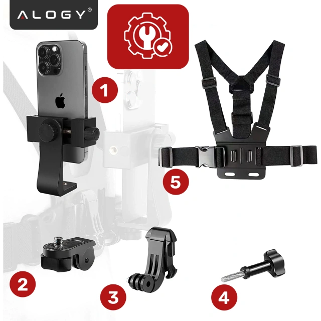 Sportovní úvazek Alogy Hrudní držák na kameru, GoPro kamery, univerzální telefon Black