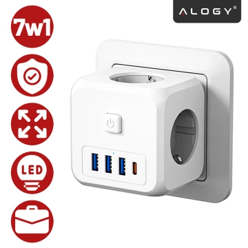 Rozgałęźnik sieciowy rozdzielacz Ładowarka adapter złodziejka 3 gniazdka EU 3x USB + USB-C C 7w1 Alogy Biały