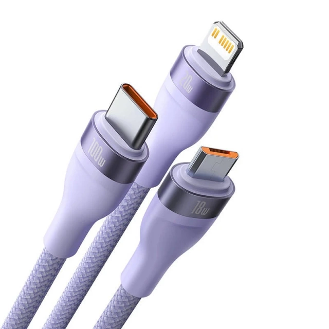 Кабель USB 3w1 Baseus Flash Series 2, USB-C micro USB Lightning, 100 Вт, 1,2 м (фіолетовий)