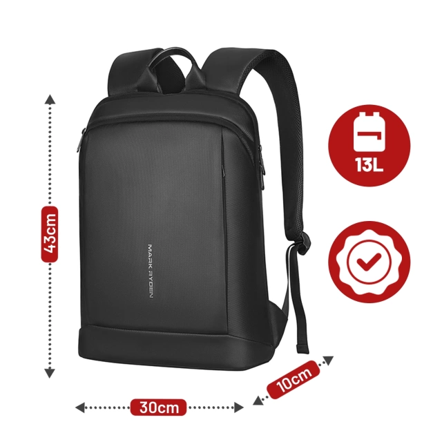 Batoh na notebook Mark Ryden 15,6", vodotesný, vhodný na prácu aj cesty, pohodlný, otváranie 180°, s háčikom na kufor, 13 l (43 × 30 × 10 cm) – čierny
