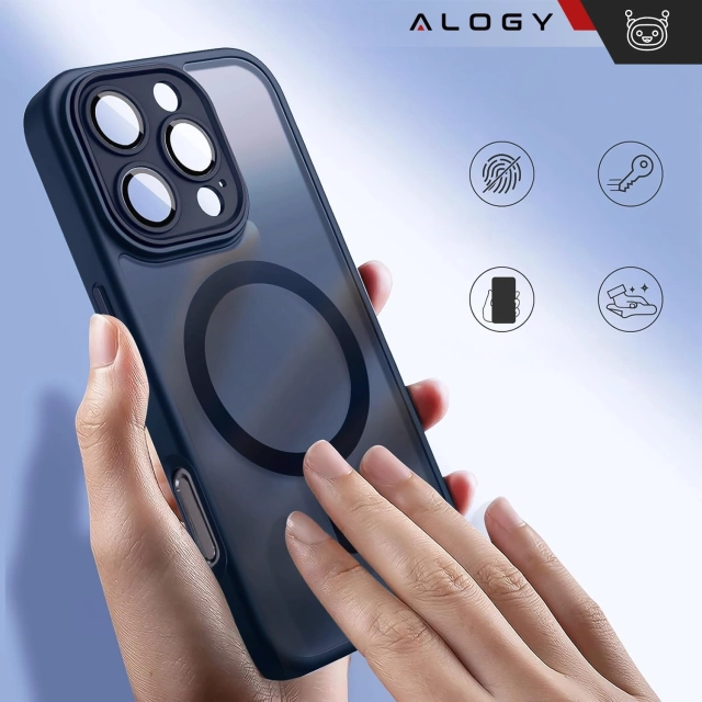 Sada 3 v 1 hybridních skleněných pouzder pro Apple iPhone 16 Pro Max, ochranné pouzdro Hybrid MagSafe s ochranou čočky, 2x tvrzené skleněné pouzdro na telefon Alogy 3 v 1, tmavě modrá