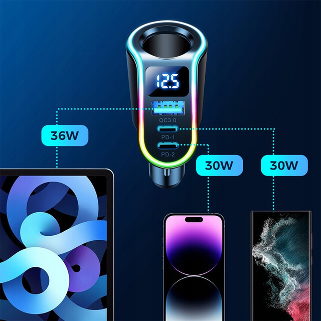 USB QC 3.0 Autoladegerät 2x USB-C PD 150W Splitter JoyRoom Autoladegerät 4in1 RGB LED schwarz