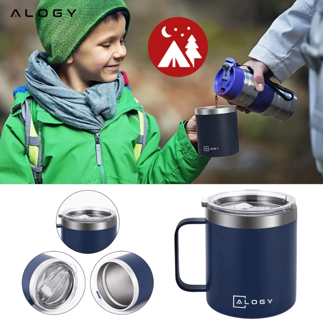 Thermal mug 420ml with handle lid for coffee tea steel cold and warm drinks Alogy navy blue