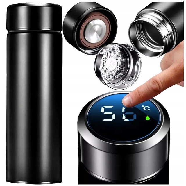 Termální hrnek termoska Smart Bottle LED Láhev na vodu 500ml Černý Mycí kartáč