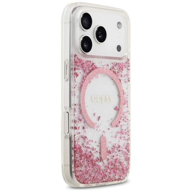 Etui Guess MagSafe do iPhone 17 Pro Resin Bottom Glitter Pink