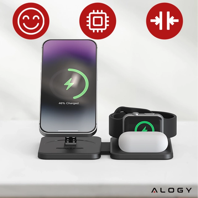 Alogy MagCharge Faltbares Pro 3-in-1 Kabelloses Ladegerät mit MagSafe für Apple iPhone, Watch und AirPods, Schwarz