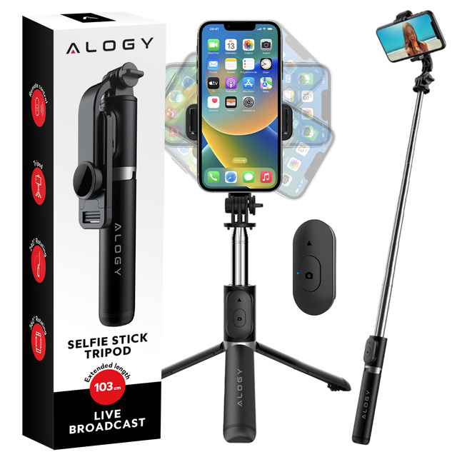 Alogy Selfie Stick držiak na telefón s fotostatívom Statív 103 cm Bluetooth diaľkové ovládanie čierny