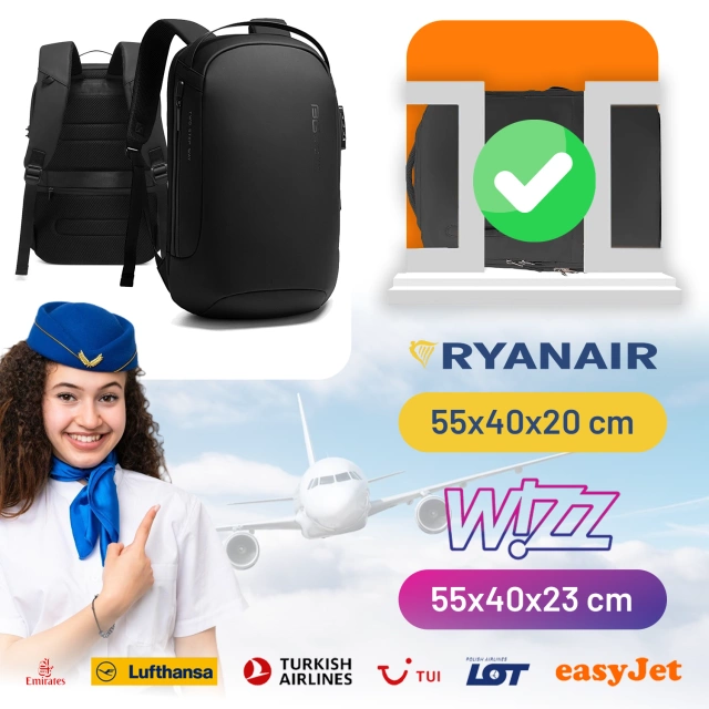 Plecak Antykradzieżowy wodoodporny Bange na laptopa 15.6" miejski podróżny 48x30x16 cm do pracy samolotu męski damski z gniazdem USB i zamkiem szyfrowym Czarny