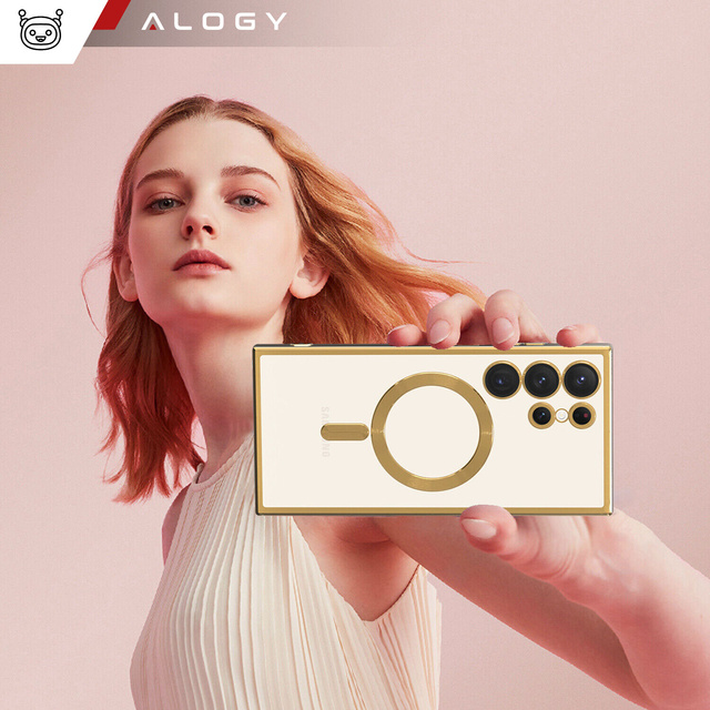 Case for Samsung Galaxy S24 Ultra Mag Safe Glamor Case Ring Housing Camera Protection Alogy Gold Clear Glass