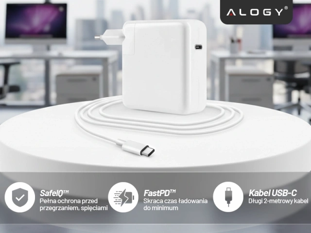 Napájací adaptér pre Apple MacBook Alogy Univerzálny nabíjací kábel 2m USB-C na USB-C Rýchlonabíjací PowerDelivery PD 61W Biely