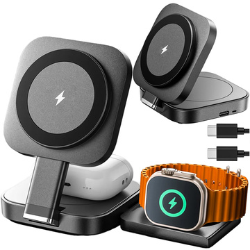 Qi Mag Safe 15W induktives Ladegerät für iPhone Apple Watch AirPods kabellose 3in1 Dockingstation schwarz