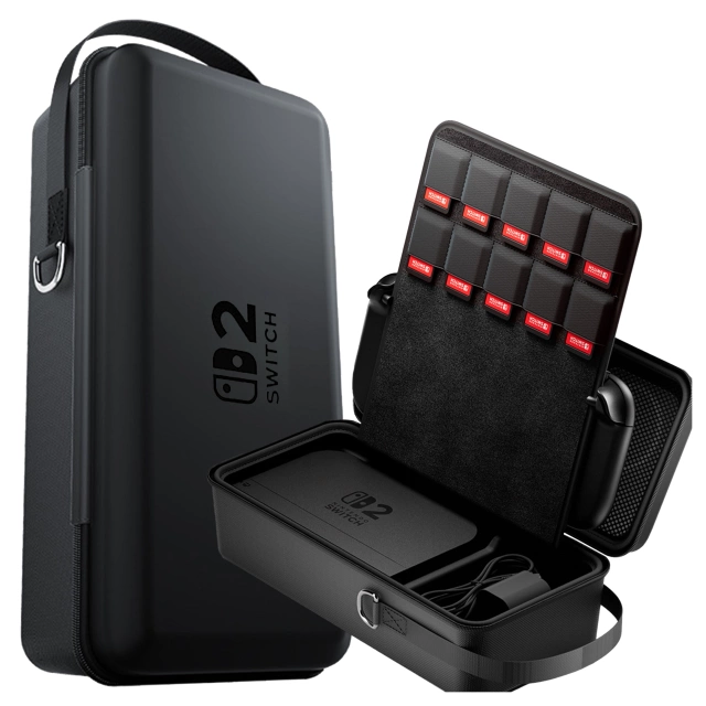 Ochranné pouzdro na Nintendo Switch 2 2025, velké pevné EVA pouzdro, vodotěsné, lehké, s rukojeťmi, Alogy HardFoamBag™ - černé, 2X TVRZENÉ SKLO