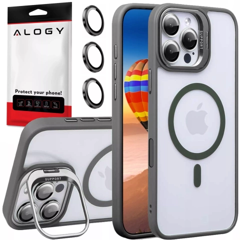 Etui hybrydowe ochronne do Apple iPhone 16 Pro Alogy KickStand Hybrid Case z podpórką do MagSafe Szare + Szkło hartowane