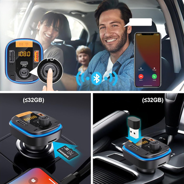 Bluetooth 5.0 FM vysílač do auta Rychlá nabíječka 43W 2x USB QC 3.0 USB-C PD Micro SD Yesido do auta černá