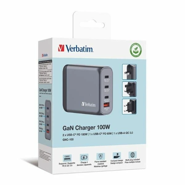 Настінний зарядний пристрій Verbatim GaN 100 Вт, адаптер 3xUSB-C/USB-A