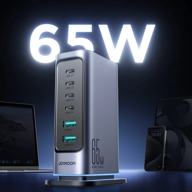 Joyroom 65W GaN multiportová nabíjačka, 4x USB-C, 2x USB-A, tmavo šedá