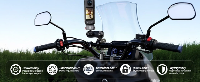 Hliníkový držák na motocykl Kewig QuickLock pro 1/4° akční kamery 360°, stabilní s antivibrační pojistkou, rychloupínací montáž na řídítka nebo rám