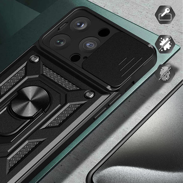 Obrnené puzdro pre iPhone 15 Pro Camshield Case Ring Alogy Stojan s posuvným krytom fotoaparátu čierne sklo