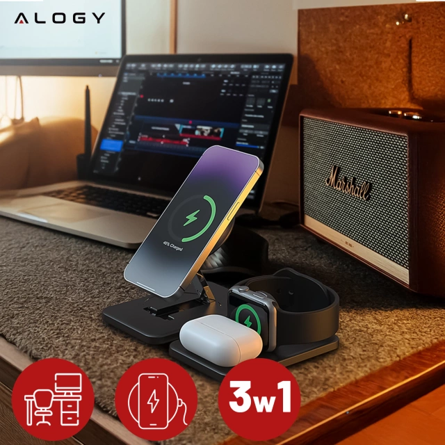Бездротовий зарядний пристрій Alogy MagCharge Foldable Pro 3-в-1 для MagSafe, Apple iPhone, Watch, AirPods, чорний