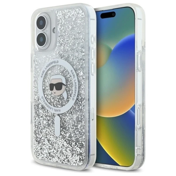 Etui Karl Lagerfeld pre iPhone 16 Plus 6,7" Magsafe Hardcase Transparent Liquid Glitter Karl Head