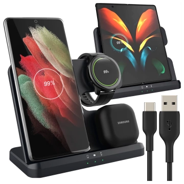 Bezdrátová indukční nabíječka 3v1 Qi 3.0 Fast pro Samsung S22 S23 S24 Galaxy Watch Buds Station černá