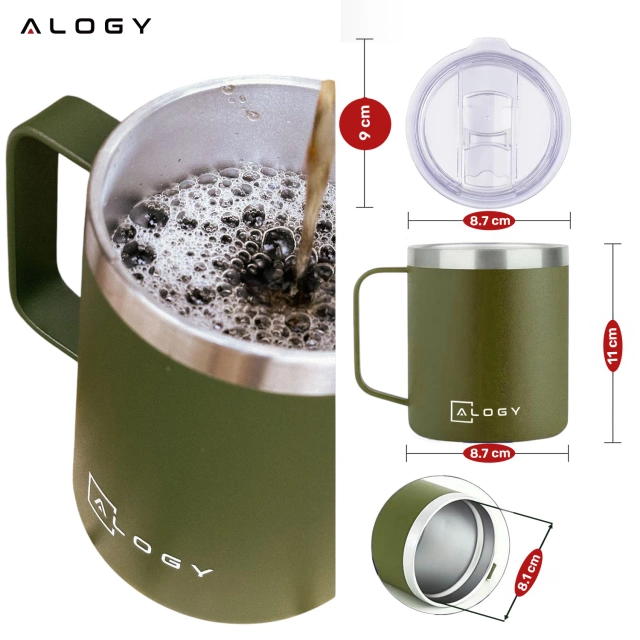 Thermobecher 420 ml mit Henkeldeckel für Kaffee, Tee, Steel, Kalt- und Heißgetränke Alogy Green
