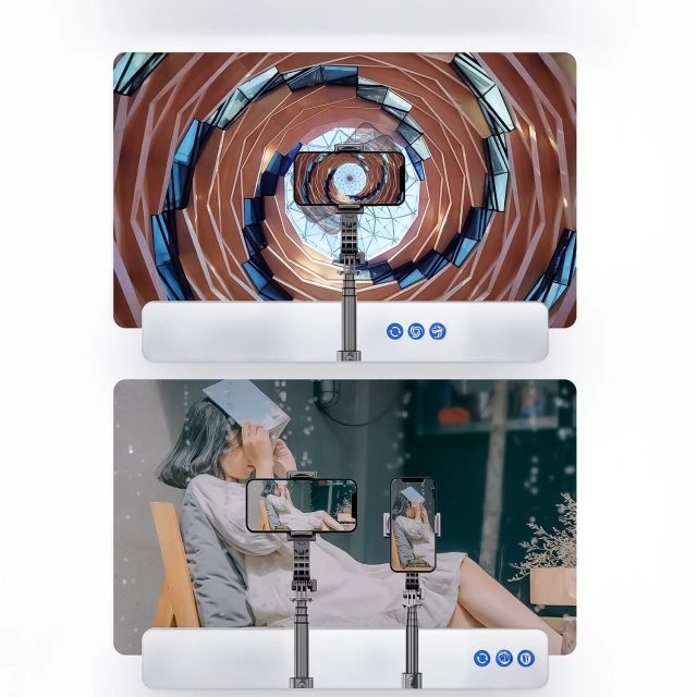 Stabiles Gimbal-Stativ mit Bluetooth-Fernbedienung, Selfie-Stick, LED-Lampe, 360° drehbarer Beleuchtung, 70 cm, Techsuit L19s, Schwarz