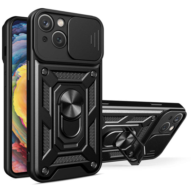 Armored case for iPhone 15 Camshield Case Ring Alogy Stand with slide camera cover, black