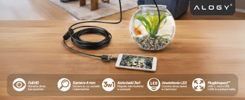 Kamera je vybavená endoskopom micro USB USB-C USB Full HD 5m 8mm Endoskop Alogy Hard Wire