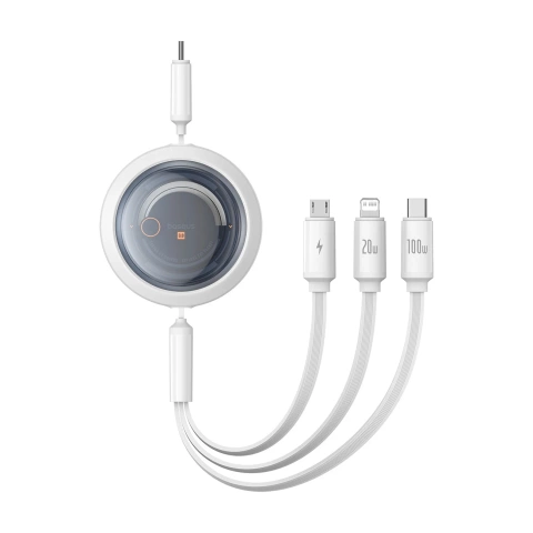 Baseus Free2Draw CB000084 zaťahovací USB-C - Lightning / USB-C / micro USB kábel 100W 1,1m - biely