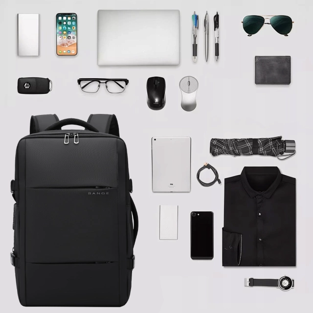 Bange Wasserdichter Laptop-Rucksack für Städtetrips, 46 x 30,5 x 20 cm, erweiterbar für Flugreisen, für Damen und Herren, mit Vakuumfach und Vakuumpumpe, Schwarz