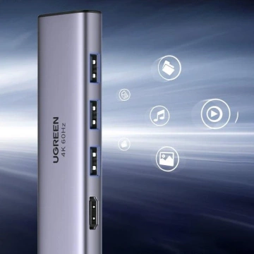 Ugreen 6in1 Multifunktions-HUB USB Typ C - 3x USB 3.2 Gen 1 / HDMI 4K 60Hz / SD- und TF-Kartenleser grau (60383 CM511)