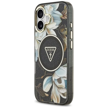 Etui Guess MagSafe do iPhone 17 IML Glitter Flowers Triangle Black