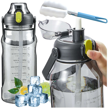 Bottle, drinking water bottle with a straw, 1.5l, motivational, with a reminder, with a motivational measure, with a handle, Black Washing brush