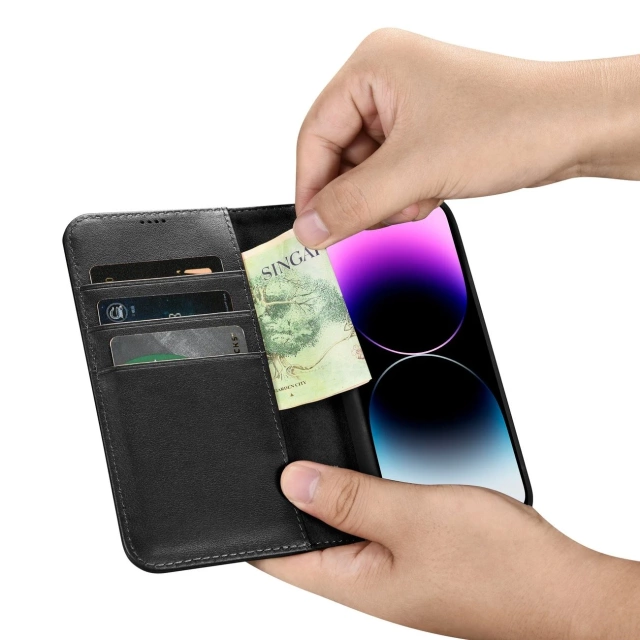 Etui na telefon iCarer Wallet Case 2in1 do iPhone 14 Pro Max skórzany pokrowiec z klapką Anti-RFID czarny