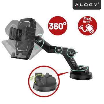 Držák telefonu do auta 7,2" na kamion, autobus, náklaďák, bagr, auto, délka 43 cm, na okno kokpitu, Alogy, Černá