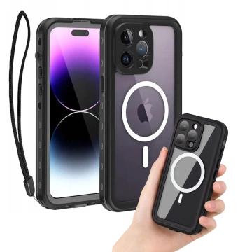 Puzdro na iPhone 15 vodotesné Mag Safe Case pancierové vodotesné puzdro čiernej a šedej farby