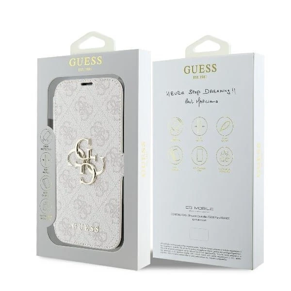 Guess 4G Metal Logo Book Case iPhone 16 Pro Max – růžový ze stojánku