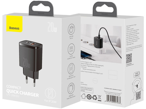 Baseus USB PD QC 3.0 20W čierna nástenná nabíjačka