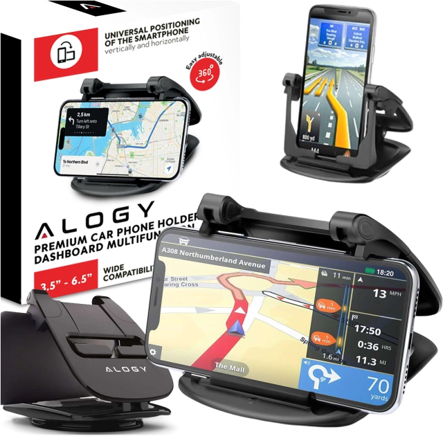 Car GPS Phone Holder Cockpit Car Dashboard Cars Rotatable 360 Degrees for 6.5" Alogy Phone Black