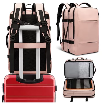 Plecak wodoodporny Bange na laptopa 15.6" miejski podróżny 47x31x15-25 cm do pracy samolotu męski damski z portem USB Różowy