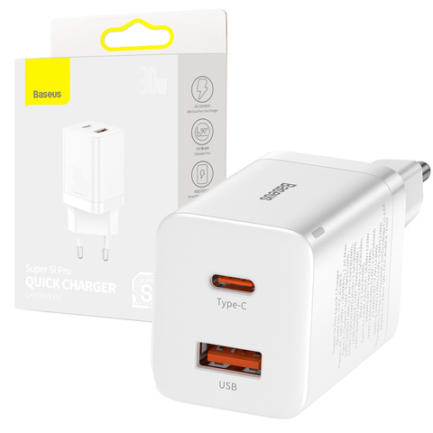 Зарядний пристрій Baseus Super Si Pro Quick Charger USB USB-C QC 3.0 PD 30W White настінний зарядний пристрій
