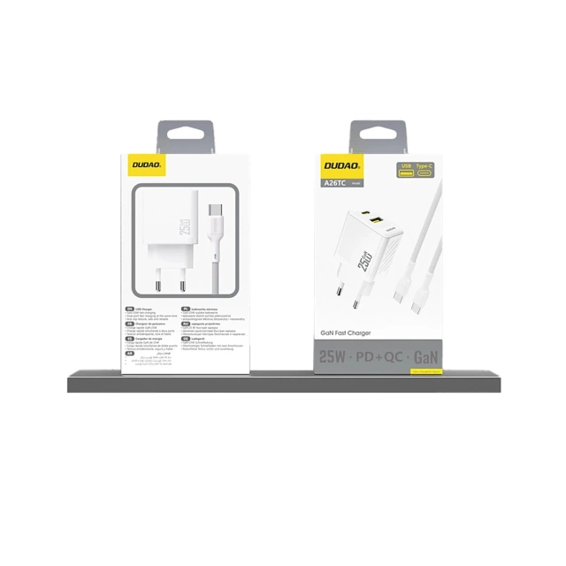 Dudao A26T 25W GaN USB-A, USB-C Charger | Power Delivery, Quick Charge - White