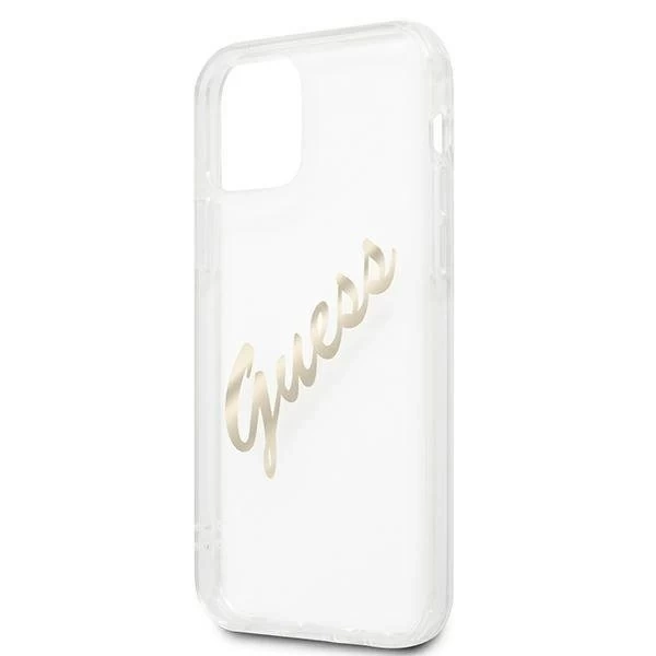 Guess GUHCP12MKTRSVGO iPhone 12/12 Pro 6,1" priehľadné pevné puzdro Vintage Script Gold
