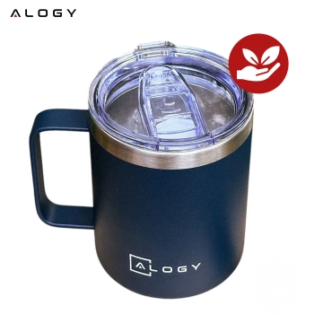 Thermobecher 420 ml mit Griffdeckel für Kaffee, Tee, kalte und warme Getränke aus Stahl, Alogy, Marineblau