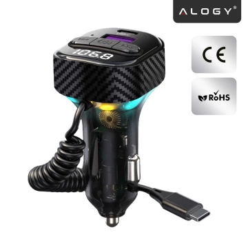 Bluetooth 5.3 FM-Transmitter mit PD 30W QC3.0 Kfz-Ladegerät, USB-C-Spiralkabel, USB-Stick-Unterstützung, 7-farbiger LED-Hintergrundbeleuchtung – Alogy CarTune™ Schwarz