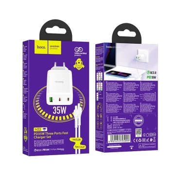 HOCO nástenná nabíjačka 2 x USB A kábel typu C typu C do Lightning PD QC3.0 3A 35W biela