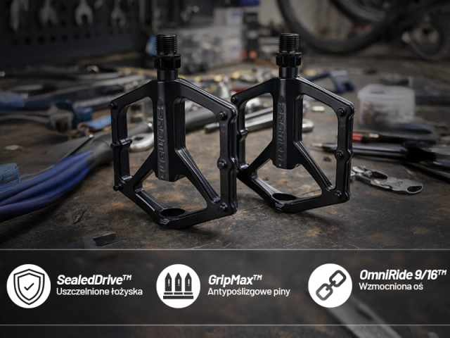 Pedały rowerowe platformowe MTB – aluminiowe, lekkie i wytrzymałe, 9/16”, szeroka platforma, antypoślizgowe piny – RideForce™ Czarne