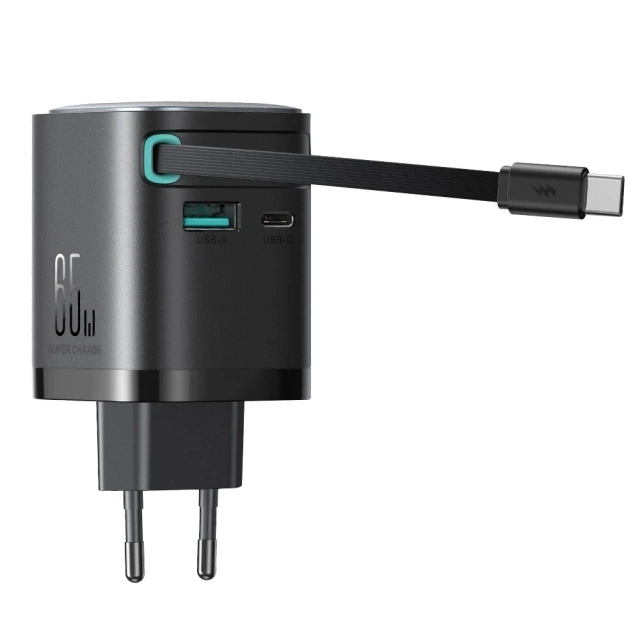 Ładowarka GaN Joyroom JR-TCL02 65W USB-A USB-C z wbudowanym kablem USB-C - Czarna